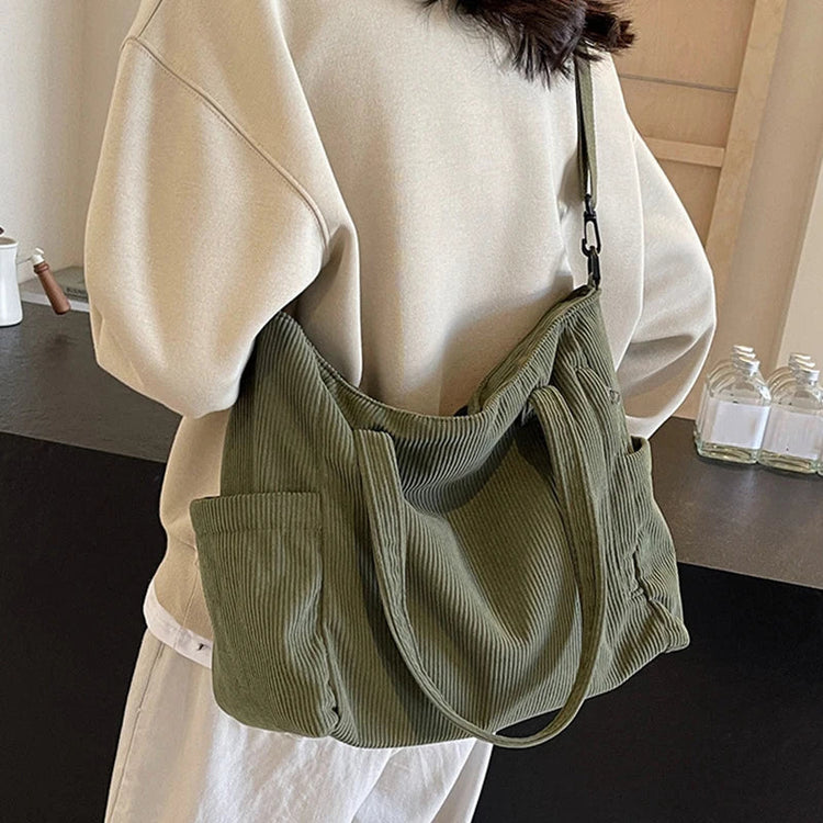 Women Corduroy Tote Bag Casual Multi Pocket Handbag Adjustable Strap Crossbody Sling Bag Zipper Shoulder Bag Fall Winter Bag PlatiNum