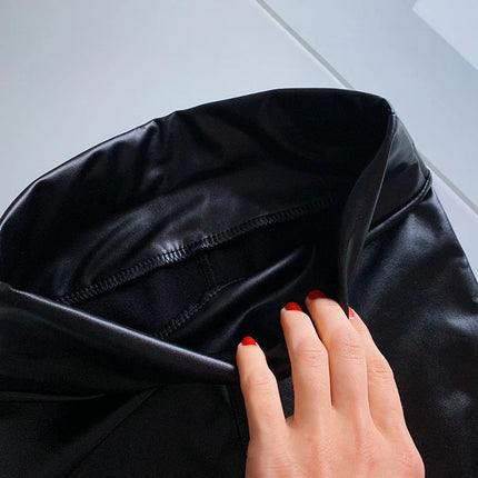 BIVIGAOS Fashion Women PU Leather Pants Elastic High Waist Winter Leggings Slim Velvet Leather Leggings Skinny Fleece Trousers PlatiNum