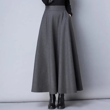 New Women Thick Woolen Skirt Autumn Winter Fashion Elastic High Waist A-Line Long Plaid Skirt Elegant Easy Match Wool Skirt PlatiNum