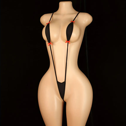 Adjustable Strappy Teddy Bodysuit for Women Black Lingerie with Red Accents Backless Design Semi-Sheer Sexy Adult Apparel