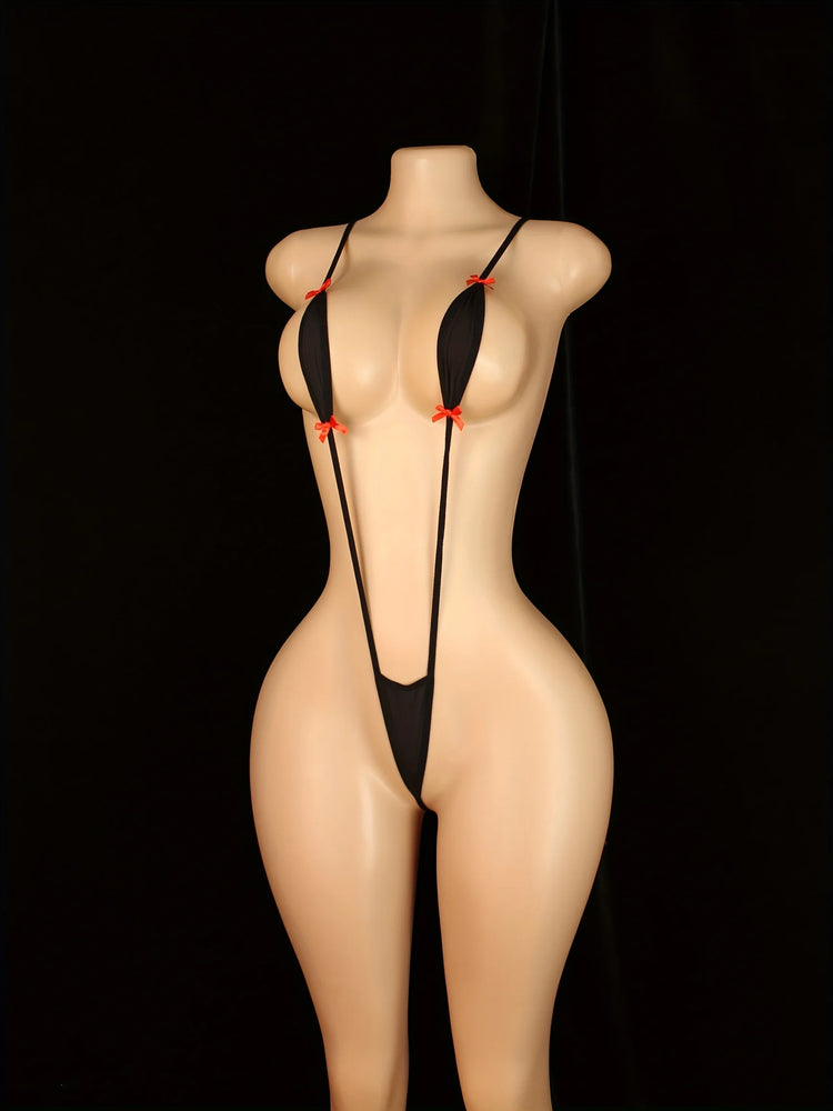 Adjustable Strappy Teddy Bodysuit for Women Black Lingerie with Red Accents Backless Design Semi-Sheer Sexy Adult Apparel