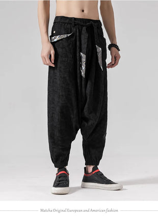 Pantaloni a gamba larga da uomo in cotone e lino casual oversize Harajuku pantaloni alla moda da uomo samurai giapponese retrò Ukiyo-e stampa pantaloni con cintura da uomo
