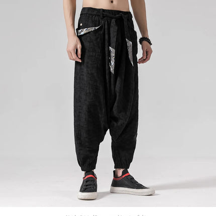 Pantaloni a gamba larga da uomo in cotone e lino casual oversize Harajuku pantaloni alla moda da uomo samurai giapponese retrò Ukiyo-e stampa pantaloni con cintura da uomo