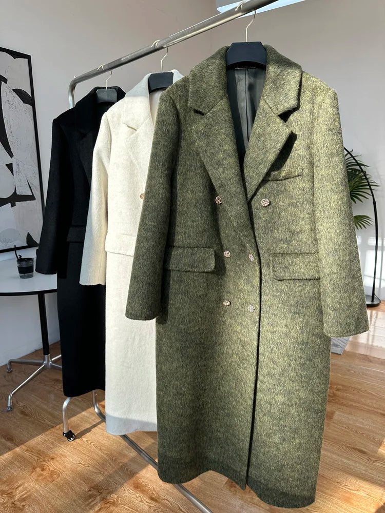 High-end Thick Double-sided Wool Coat Female Fashion Long  Autumn Winter Lapel Double Breasted Wool Coat Women Loose Outerwear