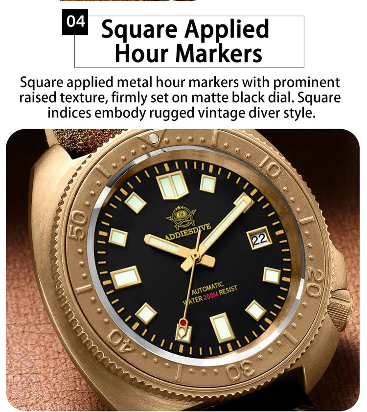 ADDIESDIVE Mens Automatic Mechanical Dive Watch Japan 8215 Movement Bronze Case Sapphire Crystal 200M Waterproof Ceramic Bezel