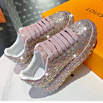 2025 Autumn Leather Women Shoes New Style Fashion Platform Shoes Ins Platforms Sneakers Tide Shine Bling Rhinestone Shoes