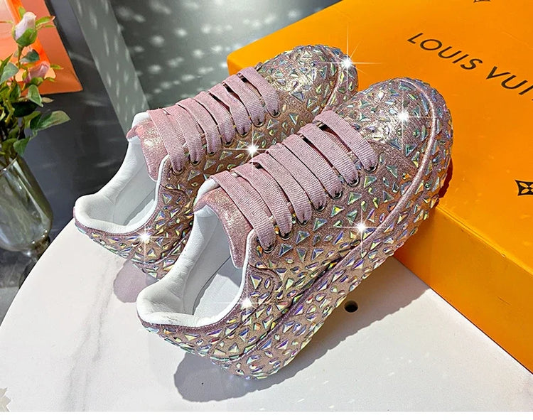 2025 Autumn Leather Women Shoes New Style Fashion Platform Shoes Ins Platforms Sneakers Tide Shine Bling Rhinestone Shoes
