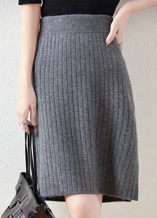 100% Wool Drawstring Skirt For Women's Autumn Winter Solid Color Slim Fit Elastic UltraShort Mini Waist Knitted Skirt PlatiNum