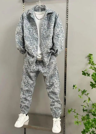 New Spring and Autumn Men's Casual Suit Lapel Jacquard Shirt Trousers Two-piece Set Comfortable Loose PlatiNum
