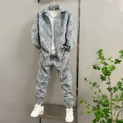 New Spring and Autumn Men's Casual Suit Lapel Jacquard Shirt Trousers Two-piece Set Comfortable Loose PlatiNum