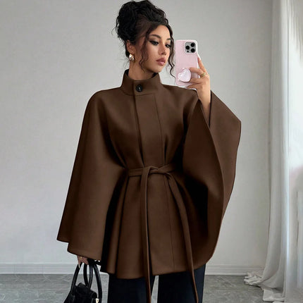 Elegant Women's Woolen Coat Autumn Winter Stand up Collar Cape Style Design Tie Waist Atmospheric Fashionable Ladies Outerwear