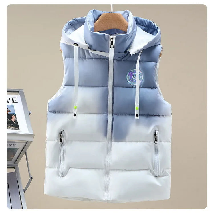 #3622 Tie Dye Hooded Sleeveless Jacket Women Zipper Sim Fit Warm Vest Waistcoat Female Outerwear Veste Unisex Autumn Winter 2024