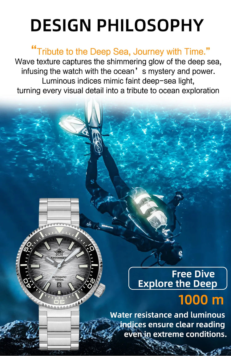 ADDIESDIVE New Men's Automatic Dive Watch Sapphire Crystal 3D Dial Ultra Bright Lume 1000m Water Resistance Men's Business Watch