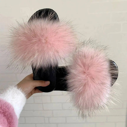 Real Raccoon Fur Slippers for Women 2023 Summer Fluffy Indoor Home Fuzzy Flat Slides Outdoor Fashion Beach Sandals Flip Flops