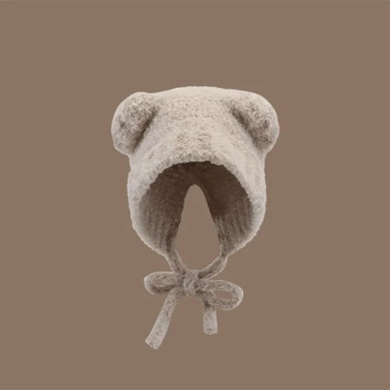 1Pc Women Cute Warm Beanie with Bear Era Earmuffs,Outdoor Travel Cycling Knitt Thick Fluffy Warm Pullover Cap for Autumn/Winter