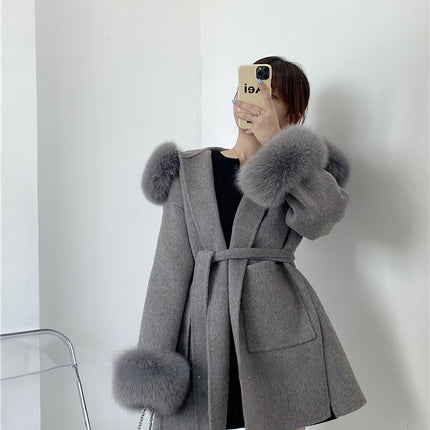 2024 New Oversize Ladies Outerwear Real Fur Coat Winter Jacket Women Natural Fox Fur Collar Cuffs Hood Cashmere Wool Woolen