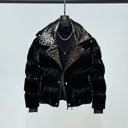 High-End Leopard Print Splicing Faux Two-Piece Parkas Men 2025 Winter New Parkas Thickened Warm Stylish Long Sleeve Chic Jackets