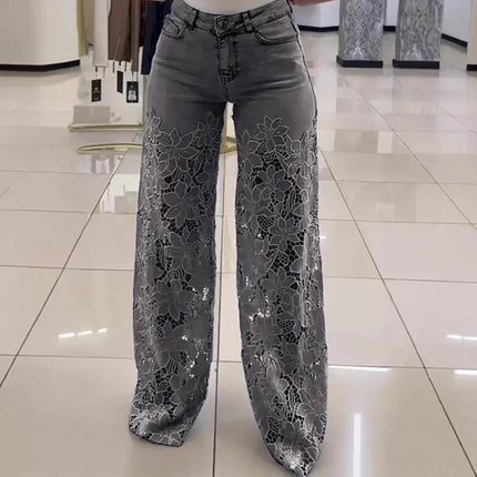 Jeans a Vita Alta e Gamba Larga, Pantaloni Estivi alla Moda con Inserti in Pizzo, Jeans in Denim Traforato e Drappeggiato, Jeans da Donna in Cotone con Cerniera per Primavera
