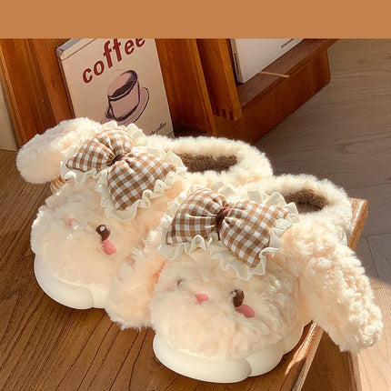 2026 New Women's Cotton Bow Bunny Slippers Winter Indoor Home Warm Household Wool Cotton Shoes Women Wear Indoor Winte