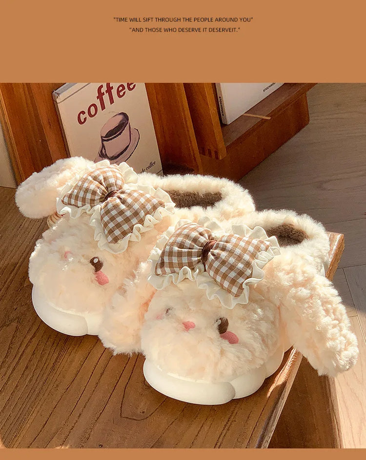 2026 New Women's Cotton Bow Bunny Slippers Winter Indoor Home Warm Household Wool Cotton Shoes Women Wear Indoor Winte