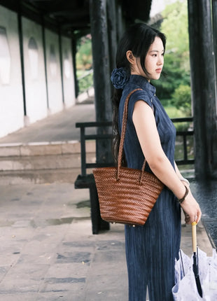 Borsa a secchiello intrecciata a mano 2026 in vera pelle, borsa a tracolla vintage da donna per uso quotidiano, pendolarismo e vacanze