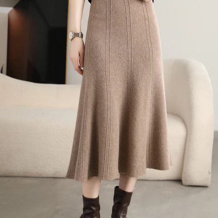 Grace Women's Skirt 100% Merino Wool Skirt Hip Hugging A-Line Wave Skirt Knitted Warm Autumn Winter Dress Slim Office Lady Skirt PlatiNum
