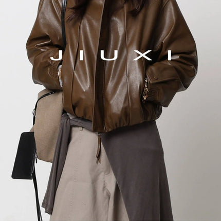 Soft Sheepskin Genuine Leather Cropped Jacket Women Lapel Zip Up Snap Button Side Pockets Casual Autumn Real Leather Outerwear