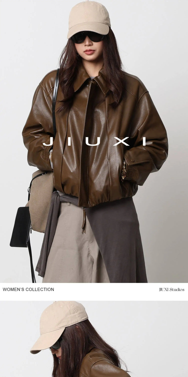 Soft Sheepskin Genuine Leather Cropped Jacket Women Lapel Zip Up Snap Button Side Pockets Casual Autumn Real Leather Outerwear