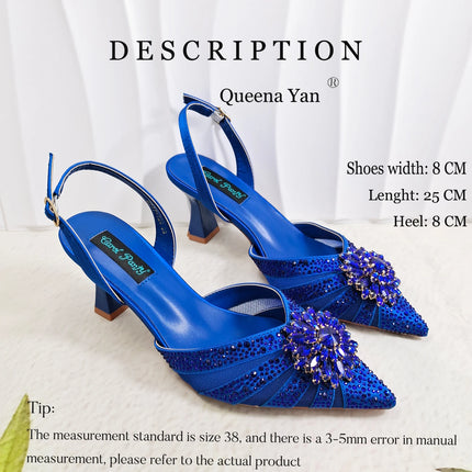 Zapatos y Bolso Nuevos de Diseño Italiano Azules con Diamantes de Imitación, Tacón Alto, Estilo de Moda, Zapatos de Tacón para Máxima Comodidad, Zapatos de Mujer