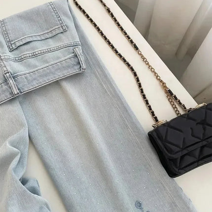 Jeans eleganti di lusso con strass ricamati vuoti allentati Jeans estivi da donna a vita alta pantaloni in denim dritti Y2K Casual Streetwear