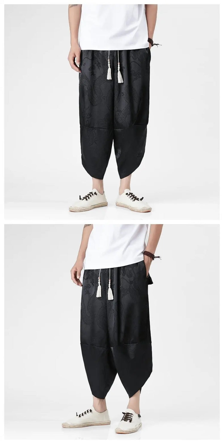 Pantaloncini in Seta Ghiaccio da Uomo, Stile Cinese, Estivi, Comodi, Pantaloni Harem Vintage Traspiranti, Tinta Unita, Lunghezza al Polpaccio