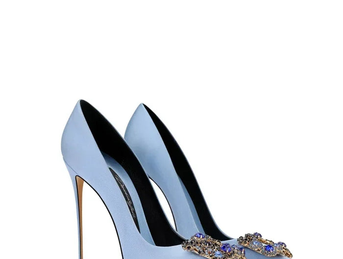 Nuove Scarpe da Donna Primavera-Autunno 2026, Tacchi Alti Blu con Punta Sottile, Strass e Fibbia Quadrata, Eleganti e alla Moda