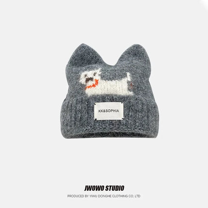 Cute Cartoon Kitten Ear Woolen Cap for Women Warm Cold-proof Autumn Winter Puppy Pattern Knitted Hat Fashion Sweet Crochet hats