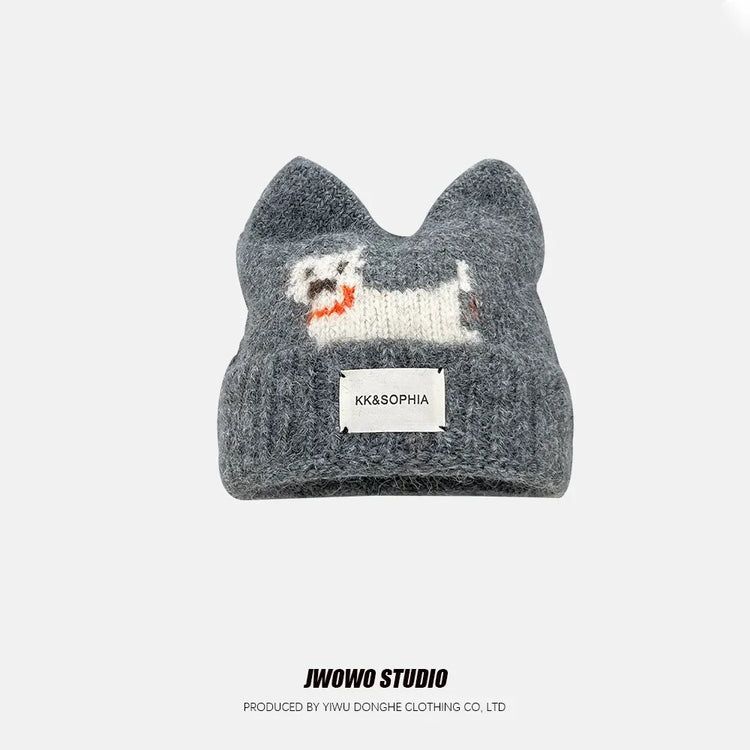 Cute Cartoon Kitten Ear Woolen Cap for Women Warm Cold-proof Autumn Winter Puppy Pattern Knitted Hat Fashion Sweet Crochet hats