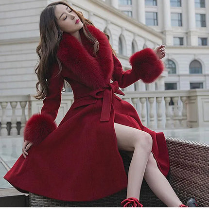 Women Fashion Long Luxury Overcoat Female Winter Coats Fur Collar Warm Elegant Thicken Solid Colo Woolen Jackets Abrigos Mujer