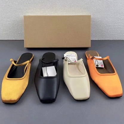 2025 Summer Mules Shoes for Women Luxury Slik Fashion Solid Square Toe Casual Lady Flat Sandals New Design Slingback Footwear