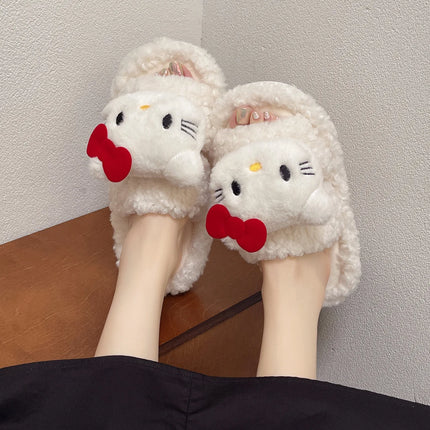 Sanrio Hello Kitty Women's 3D Cartoon Fluffy Teddy Fleece Open Toe Slippers Soft Non-Slip Sole Comfy Indoor Bedroom House Slides