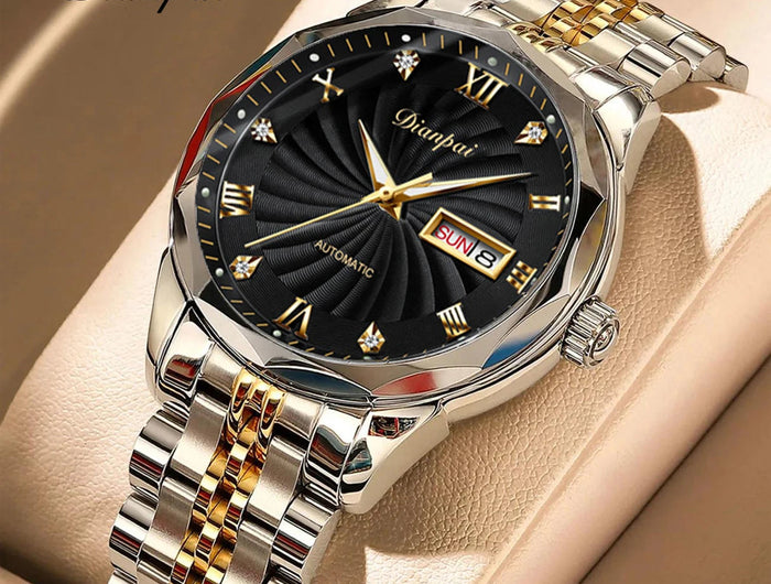 Dianpai Orologio meccanico automatico con cinturino luminoso in acciaio inossidabile, orologio nazionale da uomo alla moda. platinumshop