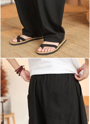 Pantaloni neri da uomo estivi leggeri e larghi in stile retrò giapponese, pantaloni harem casual traspiranti e comodi con elastico in vita