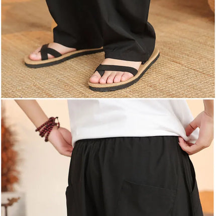 Pantaloni neri da uomo estivi leggeri e larghi in stile retrò giapponese, pantaloni harem casual traspiranti e comodi con elastico in vita