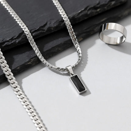 Elegante Set di Gioielli da Uomo con 3 Pezzi, Catena Cubana Piatta, Ciondolo Geometrico in Acciaio Inox con Pietra, Gioielli Hip Hop, Regalo per Lui platinumshop
