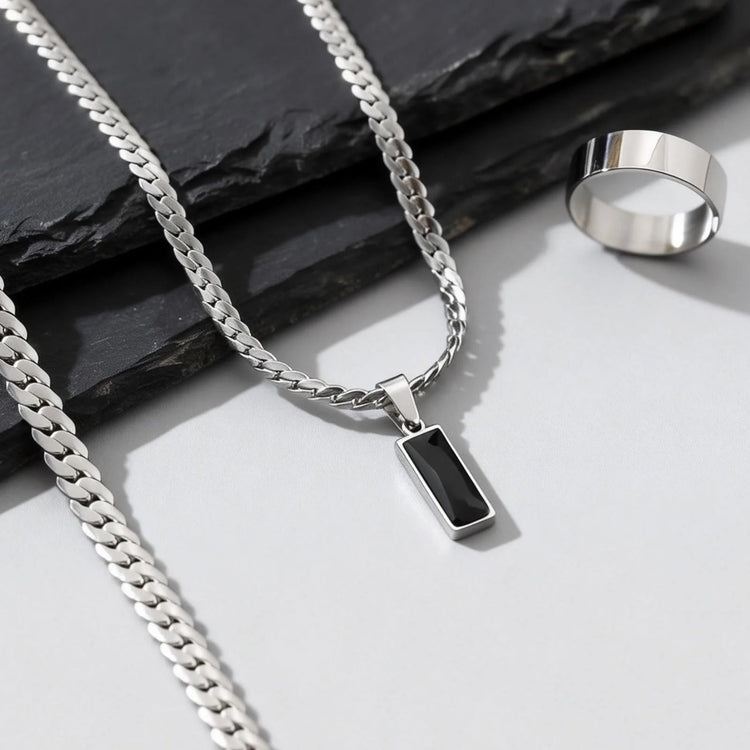 Elegante Set di Gioielli da Uomo con 3 Pezzi, Catena Cubana Piatta, Ciondolo Geometrico in Acciaio Inox con Pietra, Gioielli Hip Hop, Regalo per Lui platinumshop