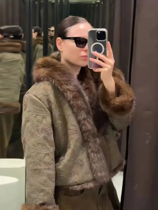 HH Women Faux Fur Collar FIoral Embroidery Coat Vintage Long Sleeve Open Stitch Jacket Winter Thicken Warm Woman Chic Outerwears