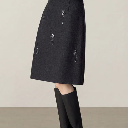 SENTUBILA Women's Straight Skirt 2025 Office Lady Wool Blend Sequin Beading Mid Length Skirt Winter Clothing for Women 154QF6318 PlatiNum