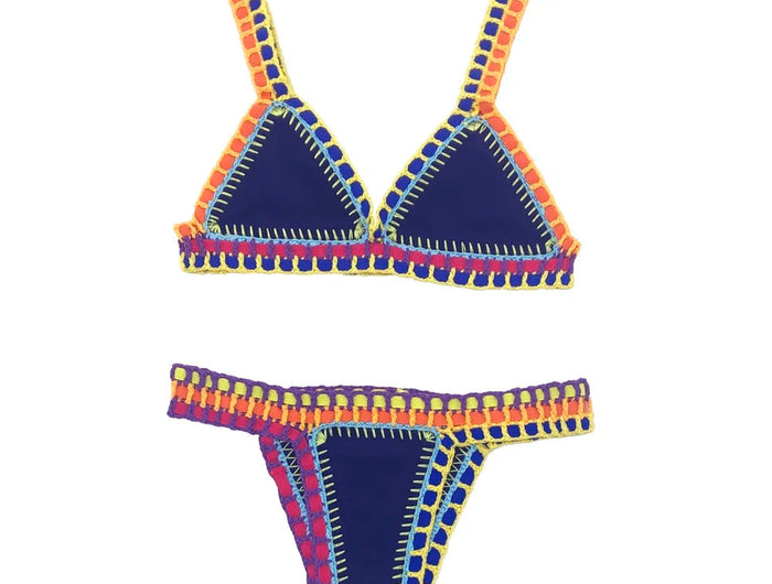 Costume da bagno donna sexy fatto a mano bikini blu costume da bagno patchwork rosso violaceo bikini elastico all'uncinetto nero set biquini in maglia PlatiNum