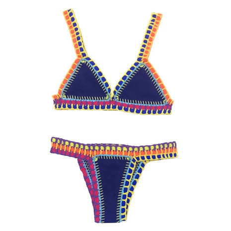 Costume da bagno donna sexy fatto a mano bikini blu costume da bagno patchwork rosso violaceo bikini elastico all'uncinetto nero set biquini in maglia PlatiNum