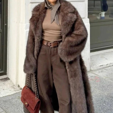 ZADORIN 120cm Super Long Luxury Winter Brown Faux Fur Coat Woman Elegant Belted Lapel Thick Fluffy Fur Jacket High Quality Coats