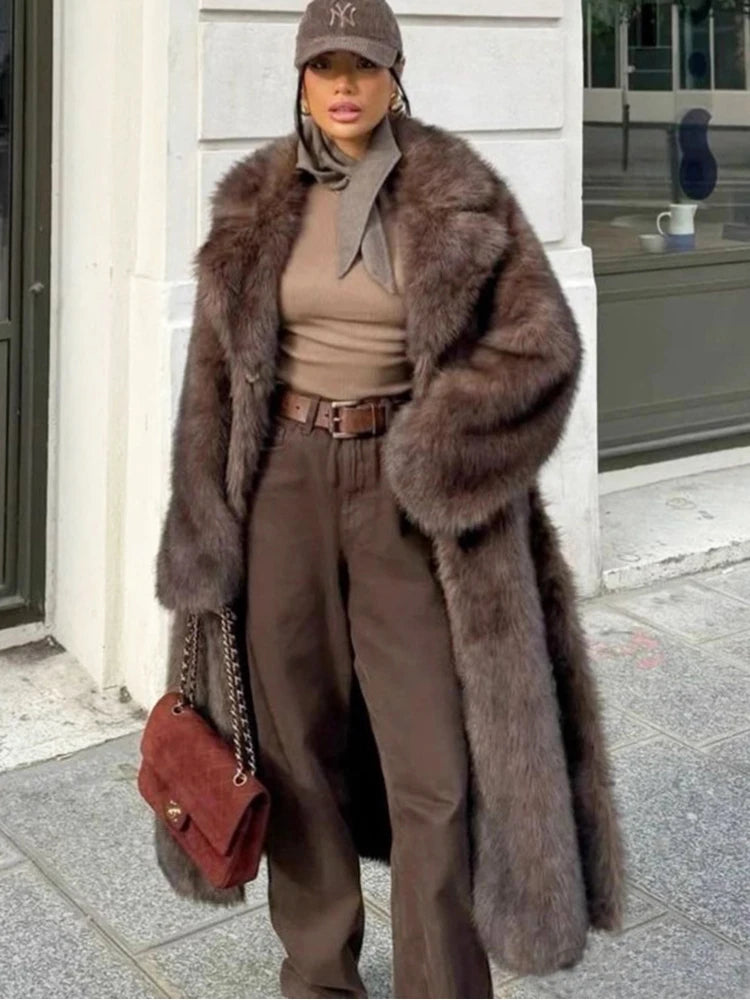 ZADORIN 120cm Super Long Luxury Winter Brown Faux Fur Coat Woman Elegant Belted Lapel Thick Fluffy Fur Jacket High Quality Coats