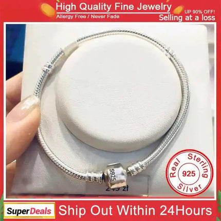 Famous Brand Original Certified 925 Sterling Silver Bracelet for Women DIY Charms Beads Snake Link Chain Classic Wrist Jewelry PlatiNum