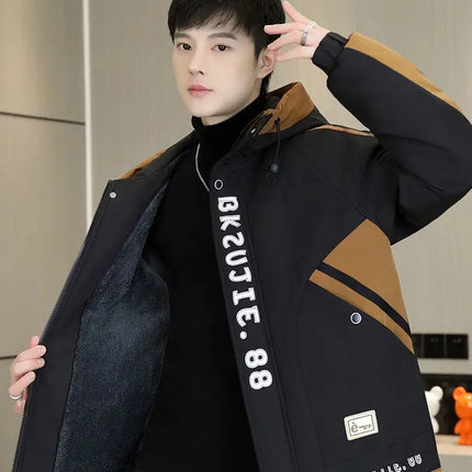 Fashion Autumn Winter Men's Hooded Fleece Jackets Youth High Streetwear Casual Plush Liner Coats Windproof Padded Tops Clothing